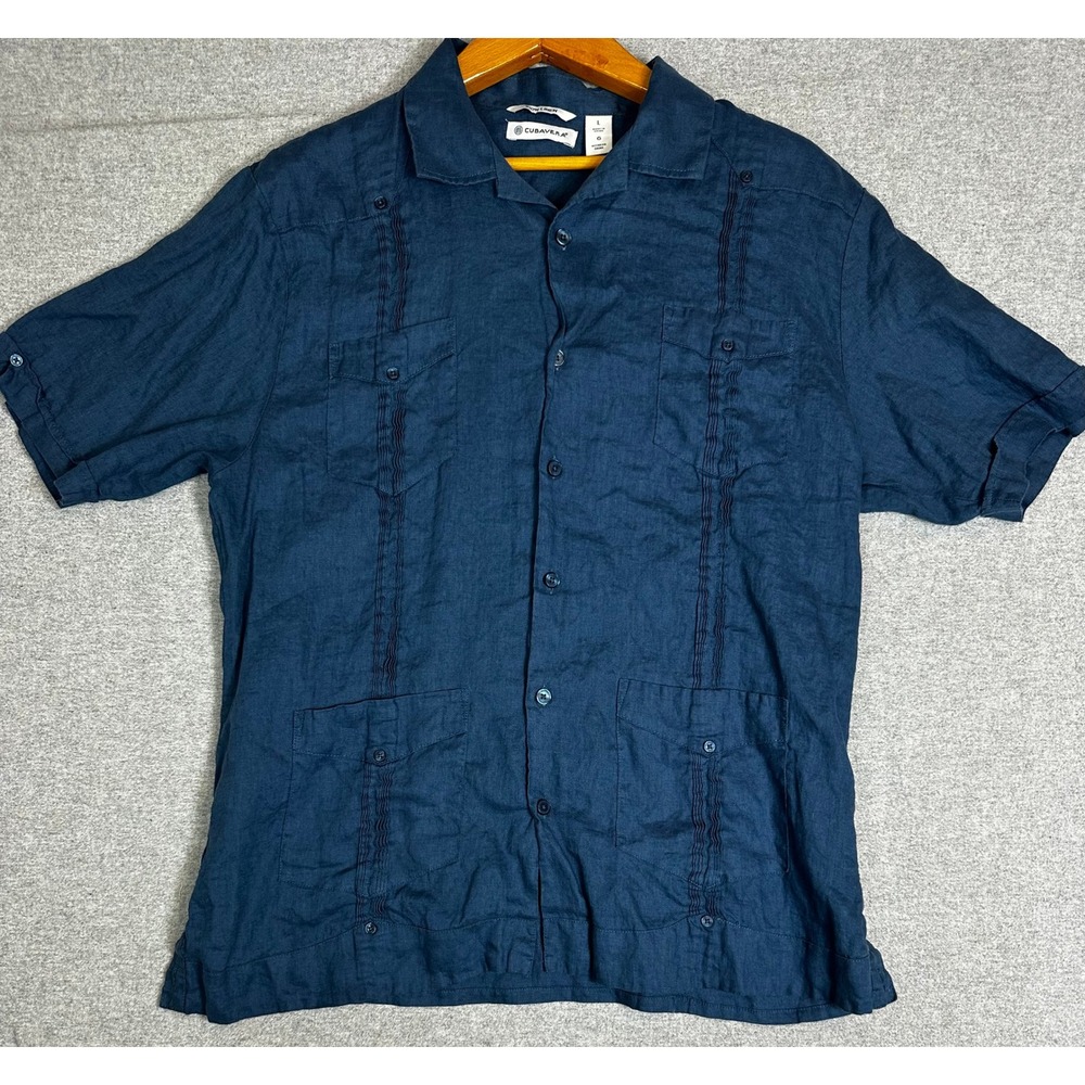 Cubavera Guayabera Linen Cargo Shirt Large Navy Blue 100% Linen Short Sleeve